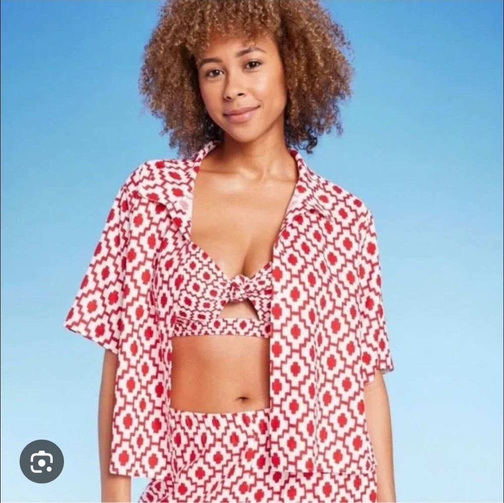 Swim Cover Up Shirt & Shorts Set - Red Geometric Design - Small